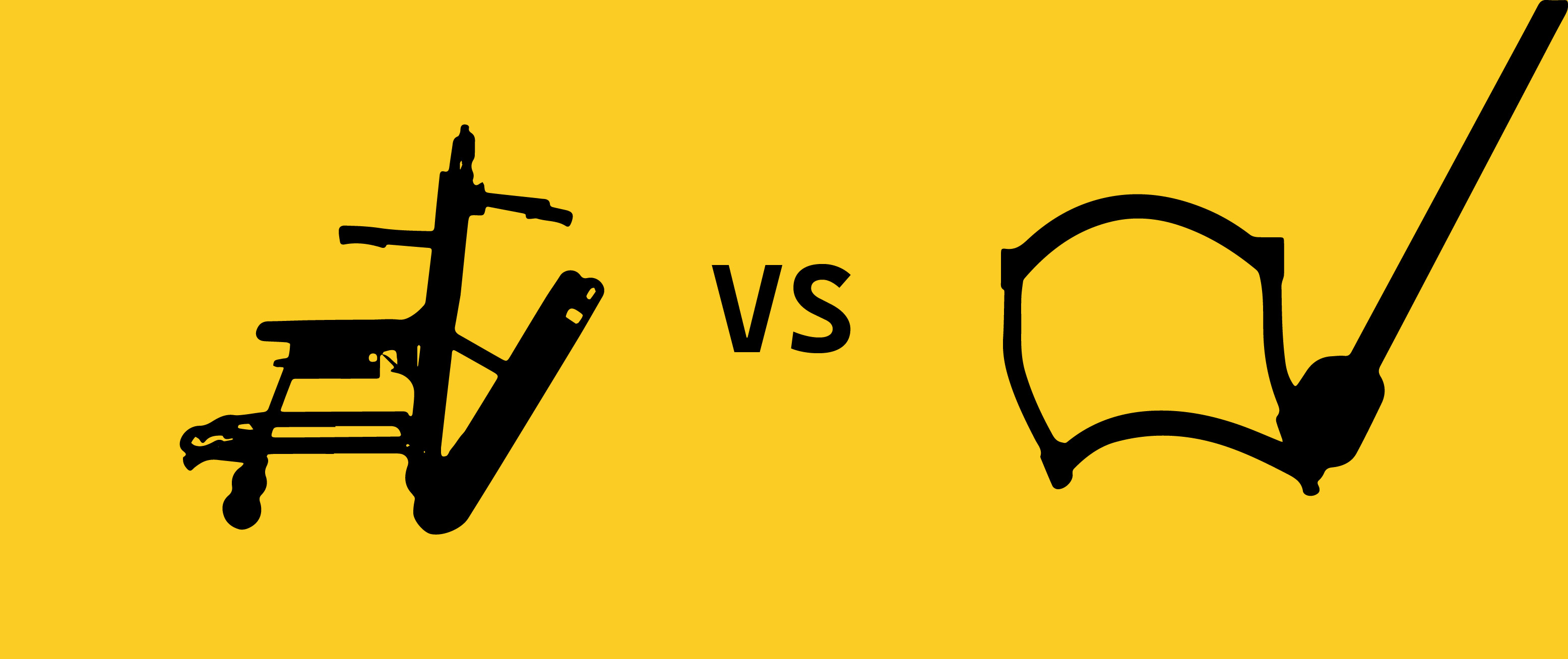 (Left) Black outline of mobile stairlift chair (Center) text "VS" (Right) Black outline of AssiStep Handles