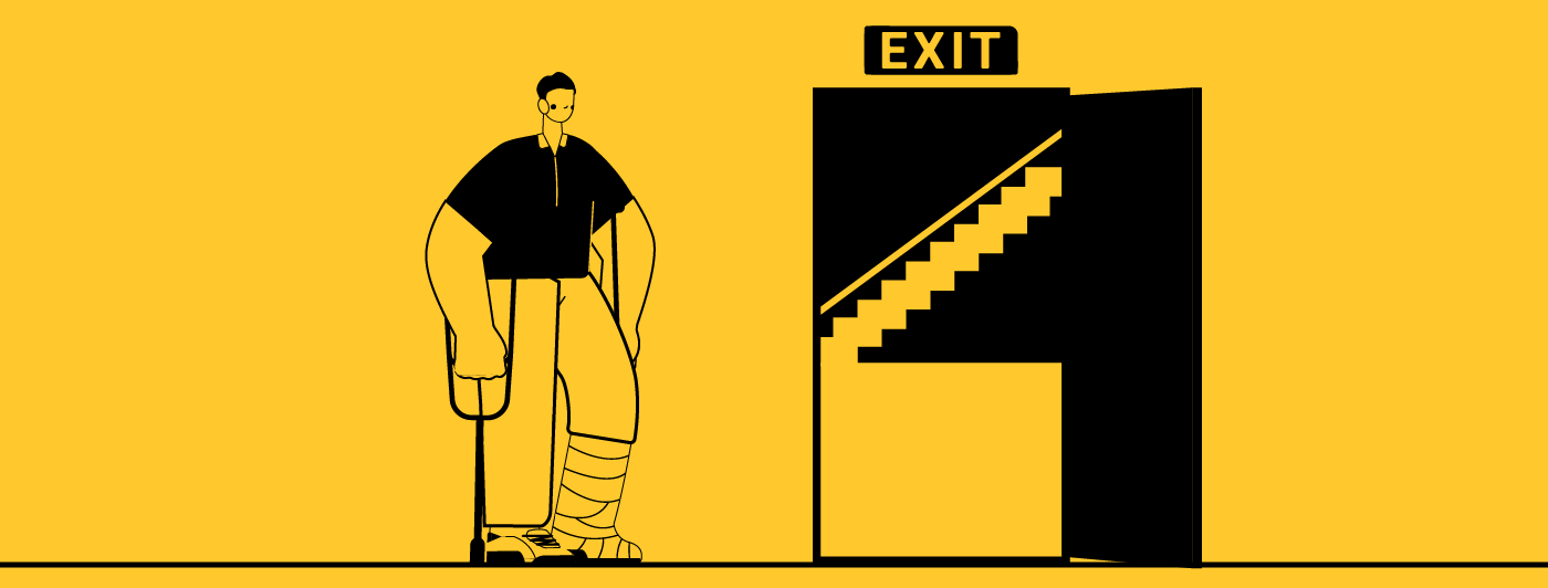 An injured person trying to exit through the stairs