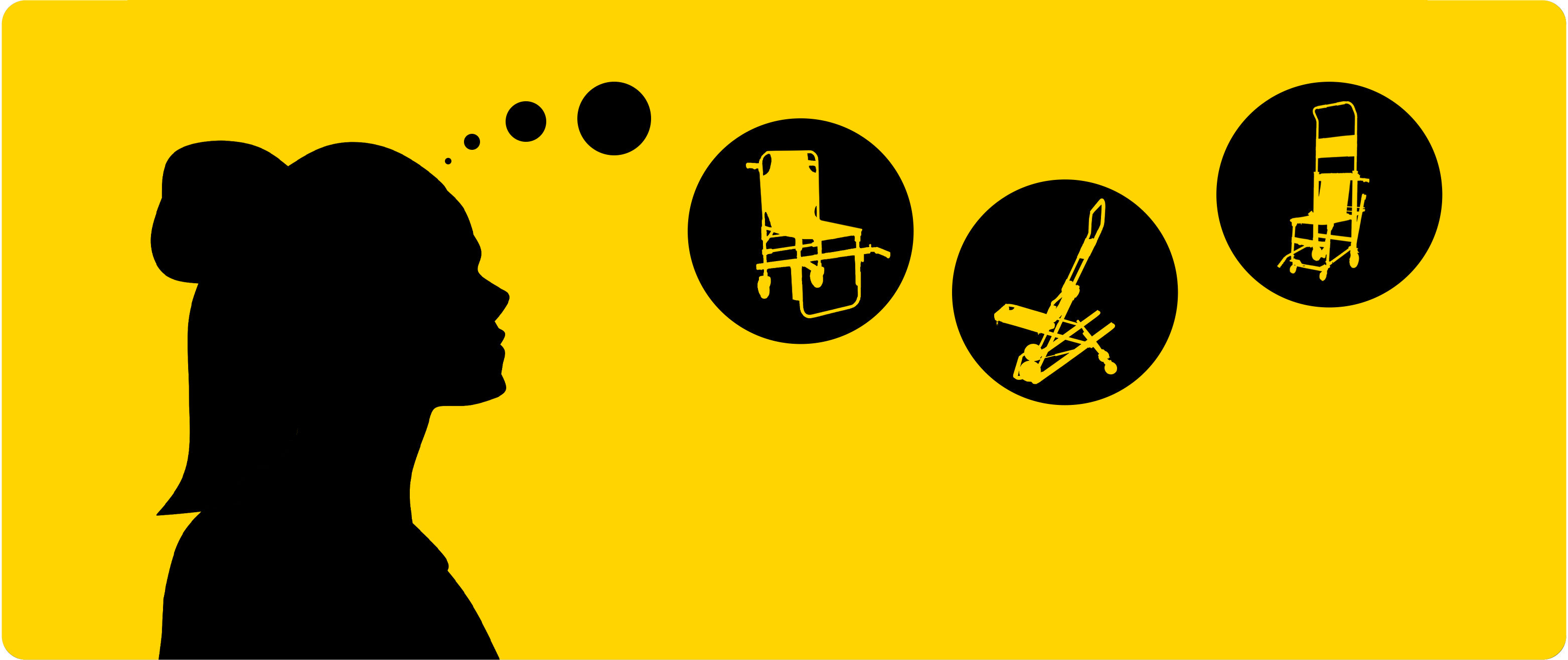 Black drawing yellow background different types of evacuation chairs