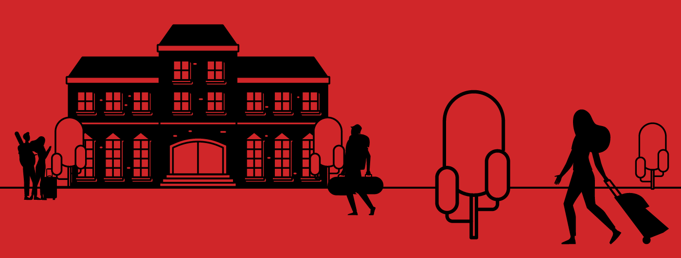 outline of a college with people walking with bags