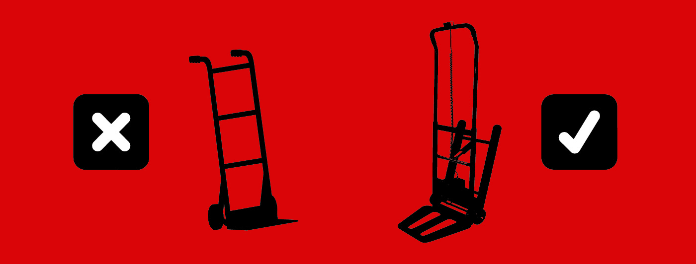 (Left) a traditional hand truck with an x next to it and (right) a stair climbing hand truck with a check mark next to it