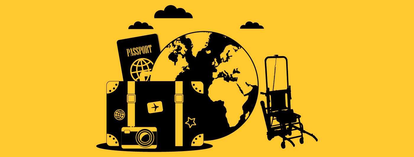 outline of traveling items such as a passport and suitcase next to a mobile stairlift
