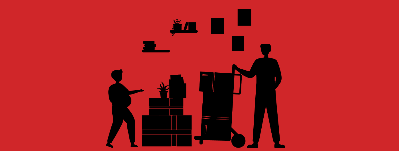 People using a hand truck to move boxes and furniture