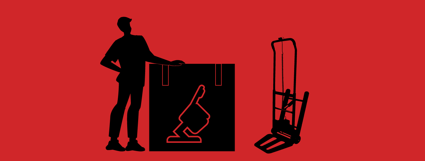 The outline of a delivery man with a box for a chair lift.