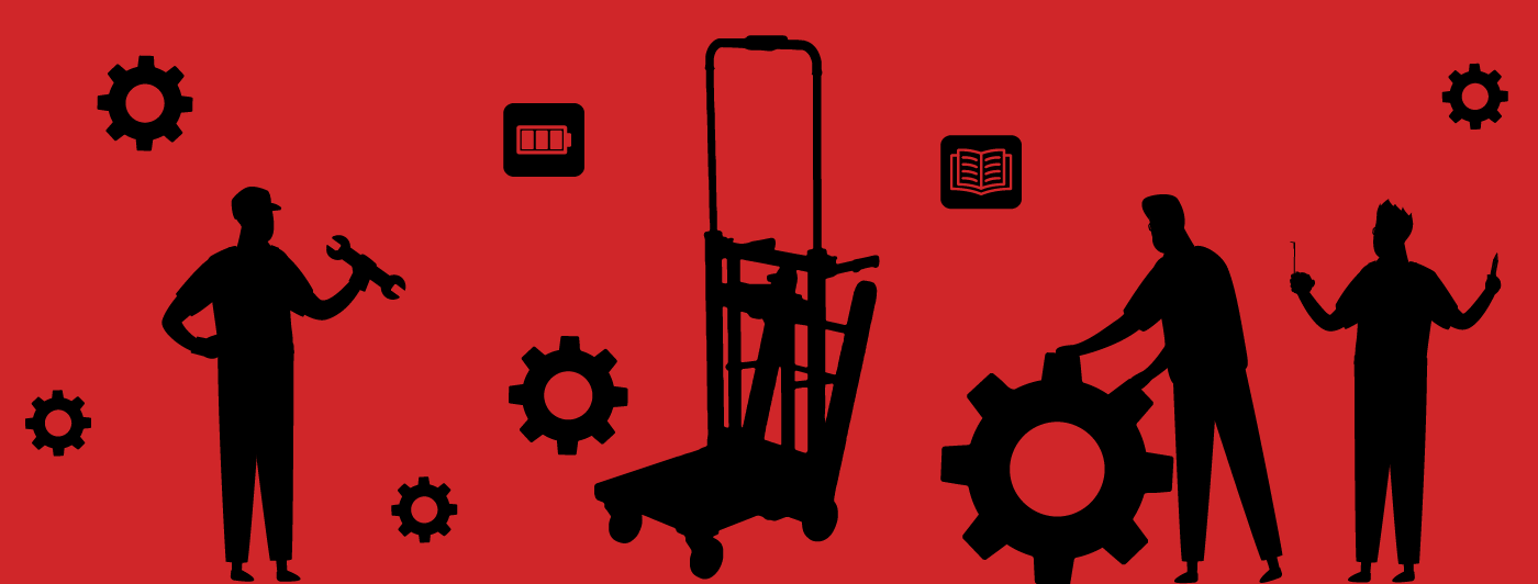 Silhouette of several working people around a motorized hand truck