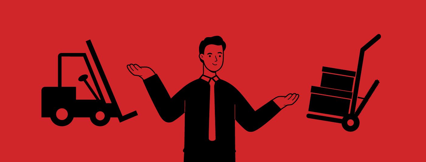 Silhouette of a person deciding between a forklift and a motorized hand truck