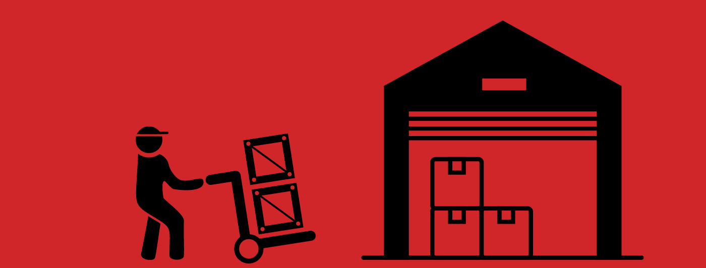 Outline of a person pushing a hand truck towards a warehouse