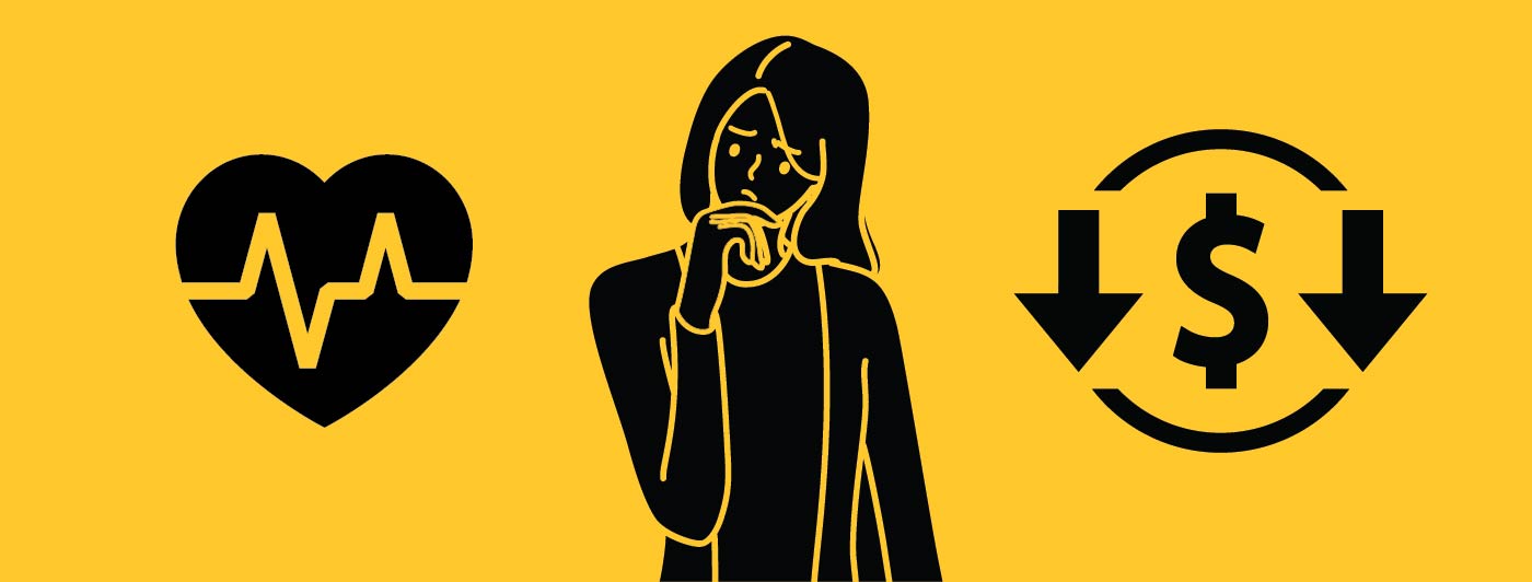 Heart Icon, Woman thinking and a money symbol with two arrows pointing down