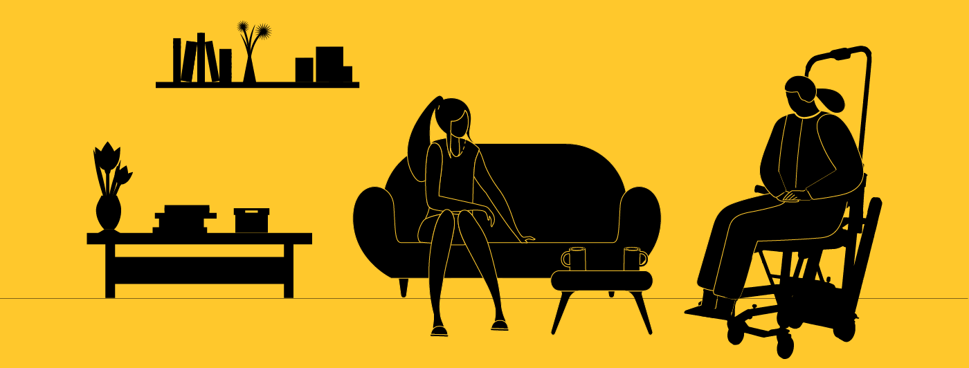 Two people in a living room, one of them using a climbing stair chair