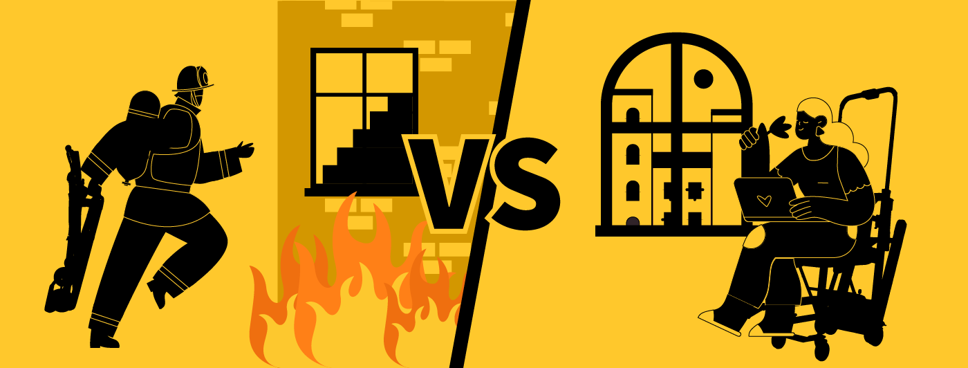 A fire fighter carrying a emergency stairlift vs a person using a stairlift chair for everyday use