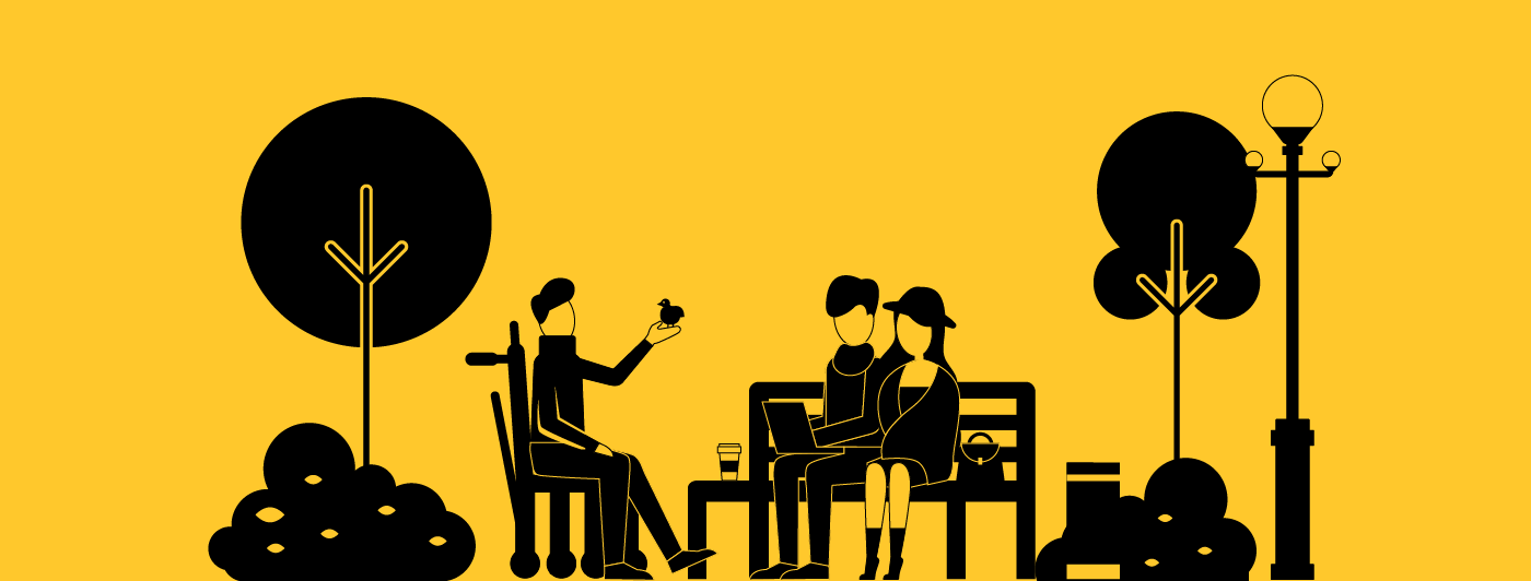 Outline of three people sitting at the park, one of them using a Mobile Stairlift.