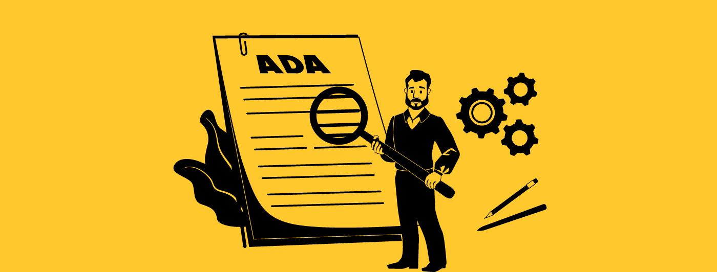 The outline of a person with a magnifying glass going over ADA regulation documents