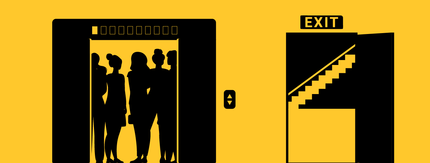 An over crowded elevator and a empty exit stair
