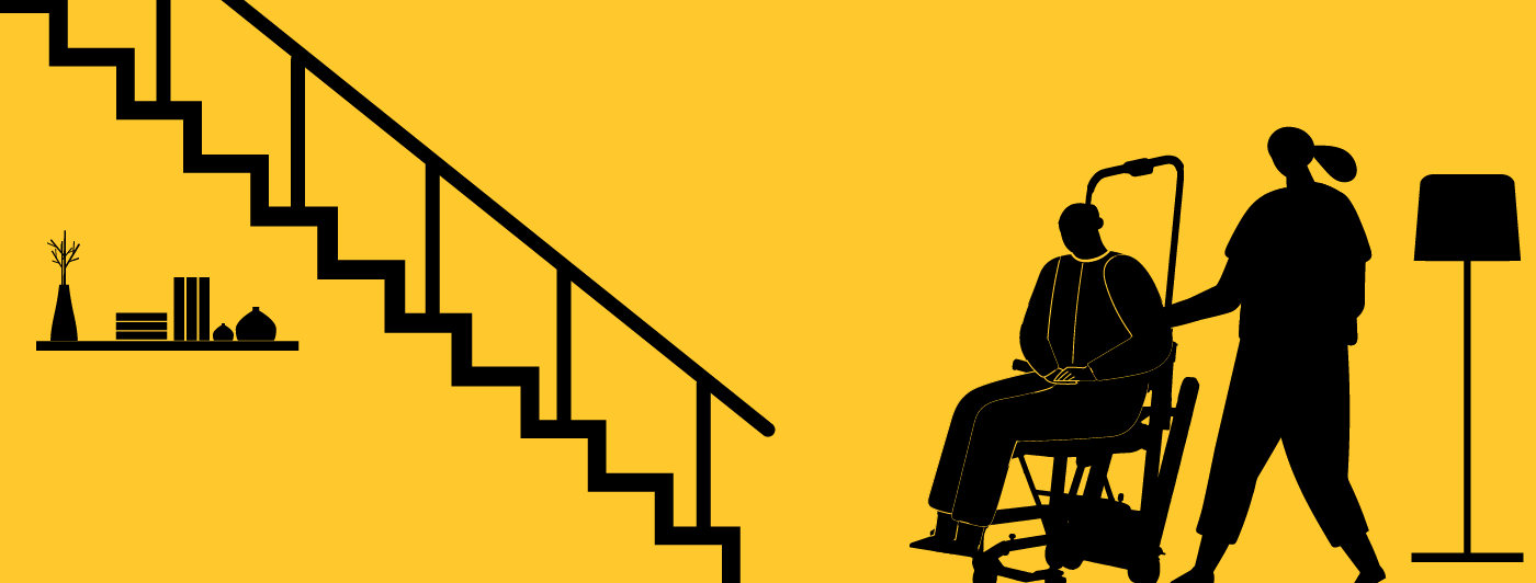 The outline of a person sitting on the Genesis Stairlift and someone else helping them get closer to the stairs