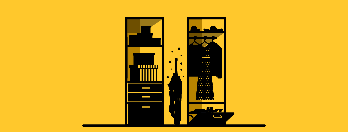 A stair climbing chair, folded between to closets