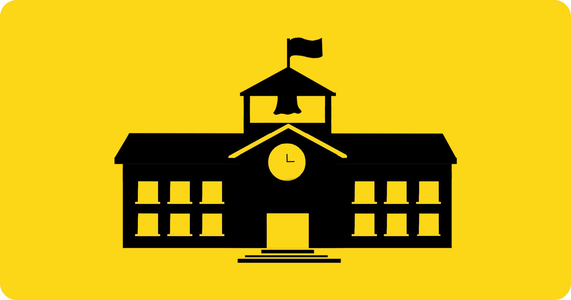 Yellow background with a black outline of school