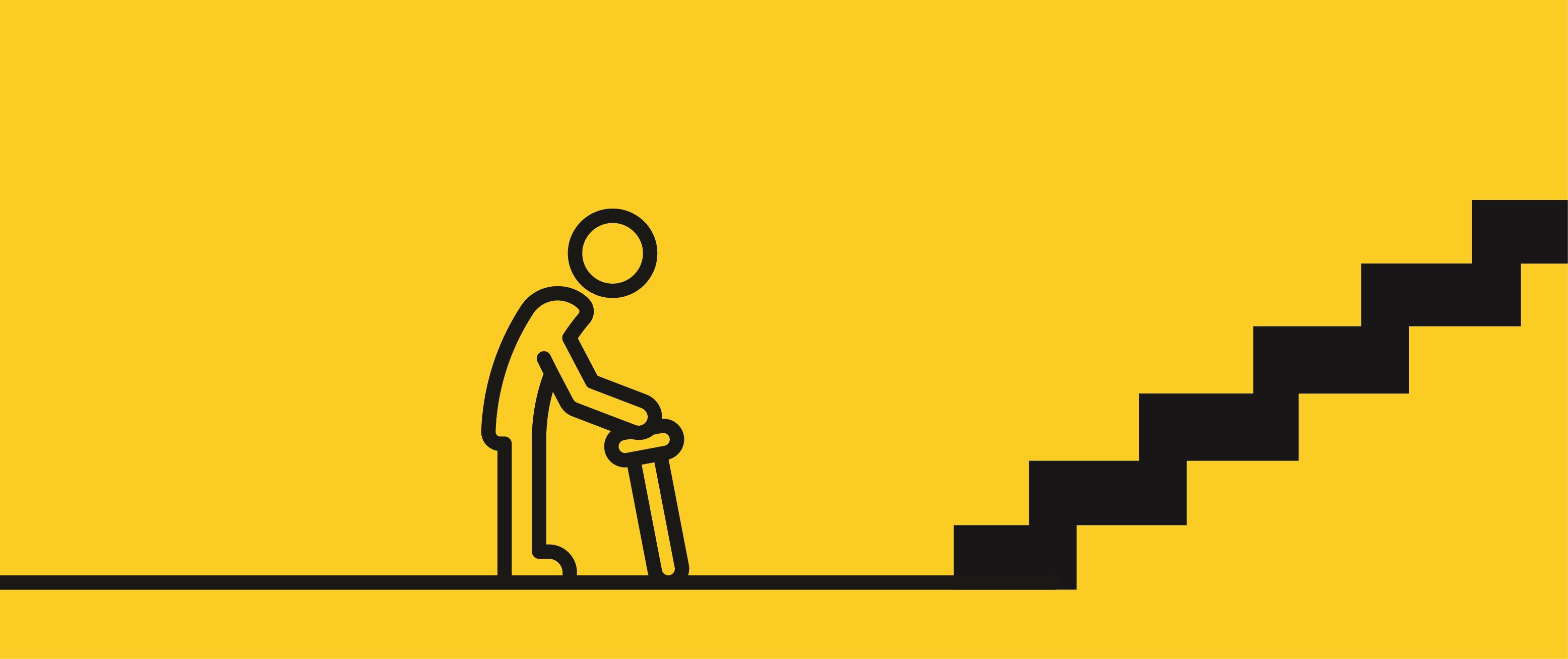 Senior person holding cane in front of stairs