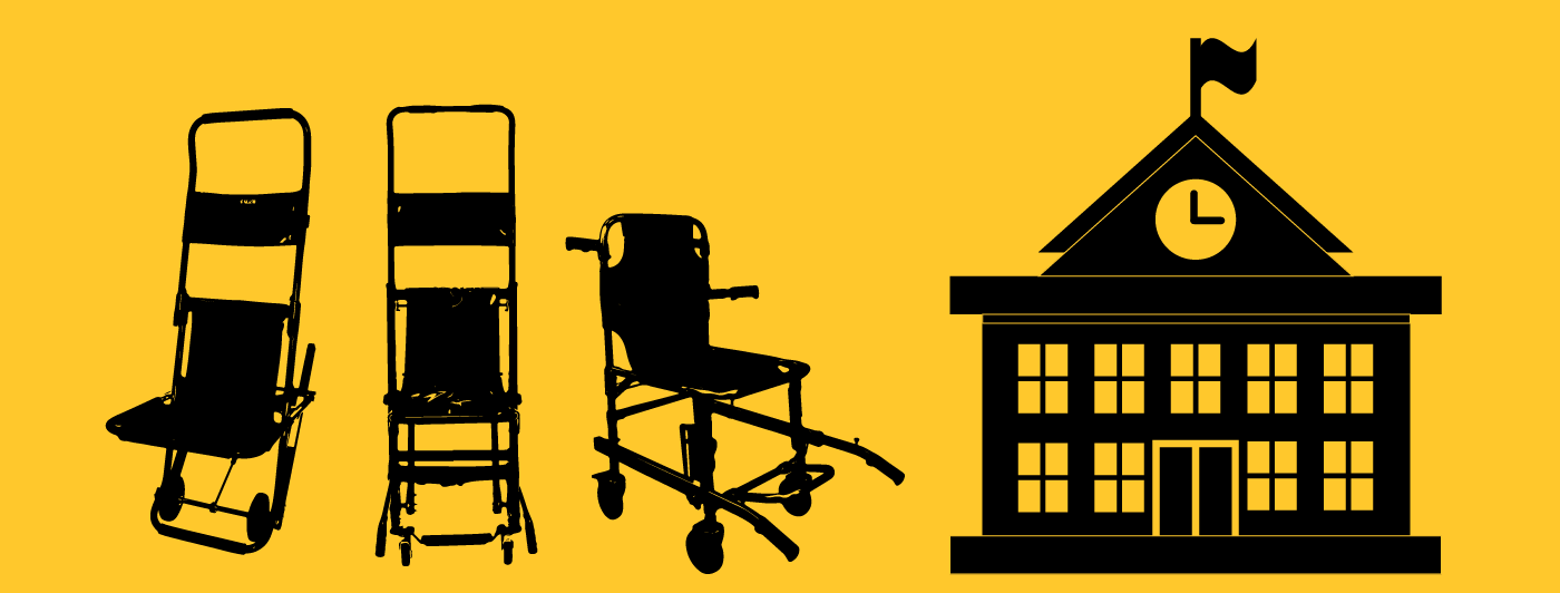 The outline of three evacuation stair chairs and a school