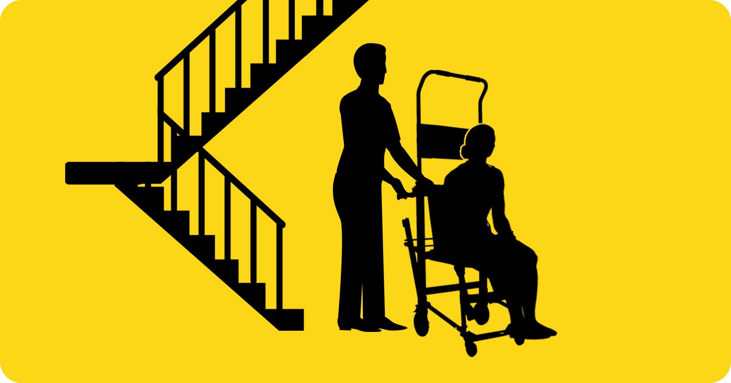 Yellow background with black line drawing of emergency evacuation chair for stairs