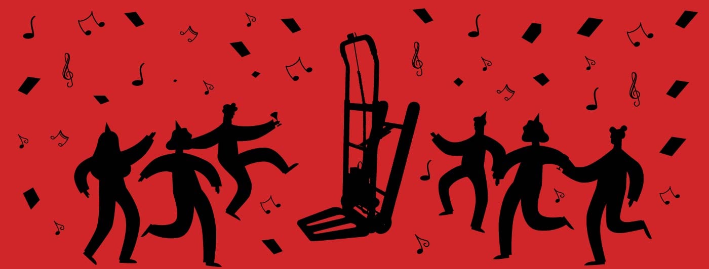 outline of people celebrating a motorized hand truck