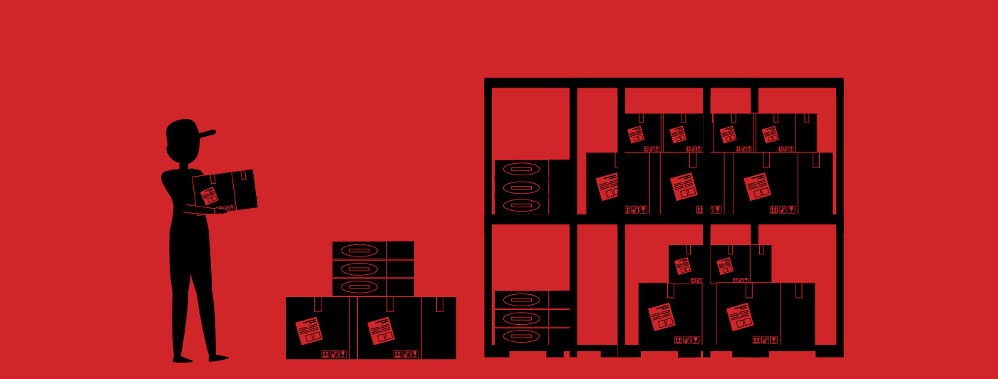 A person organizing boxes on a shelf